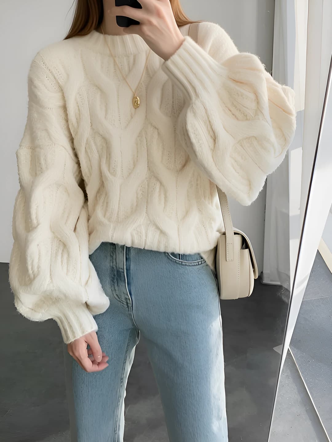 Women's crew neck, long sleeve, cable knit, thickened, loose fit, autumn-winter sweater