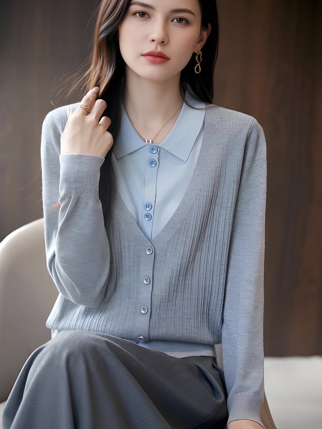 Women's 2026 spring-summer knit cardigan, lapel collar, long sleeve, solid colour, thin, wool