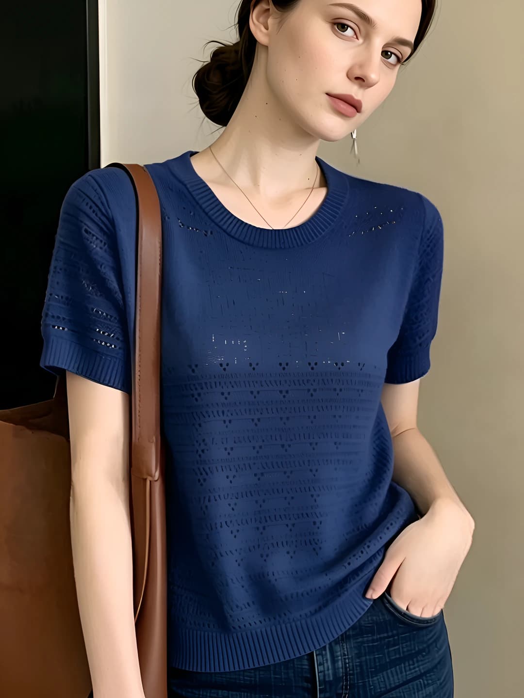 Women's knitted top: Korean style, crew neck, short sleeve, loose fit, solid colour, polyester