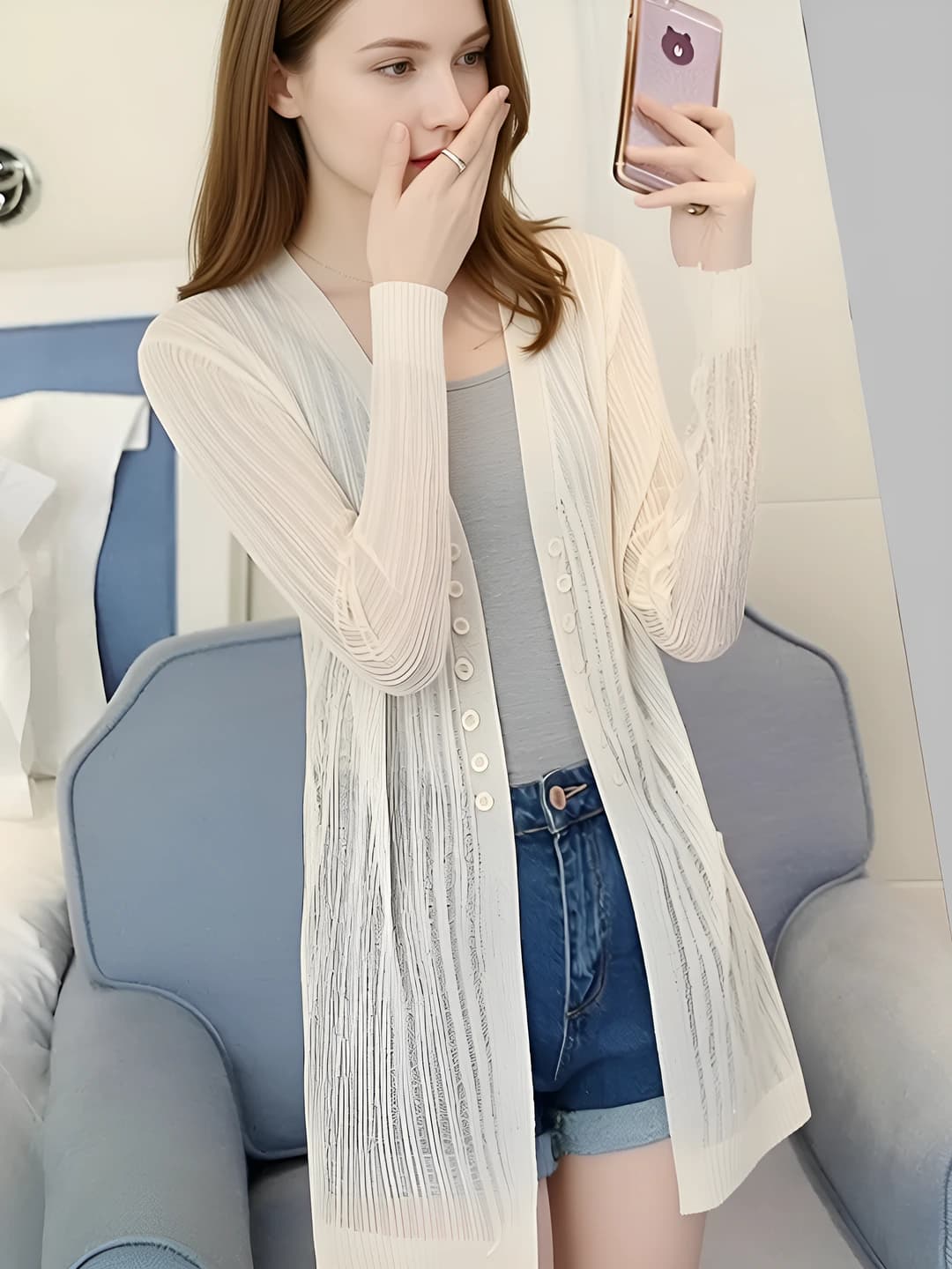 Women's summer sun-protective cardigan, V-neck, long sleeve, loose fit, mid-length, solid colour, lightweight