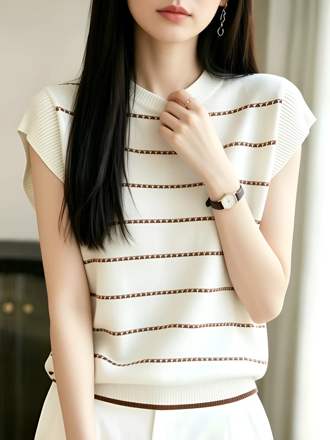 Women's striped knitted short-sleeve top, crew neck, loose fit, breathable, summer, casual style