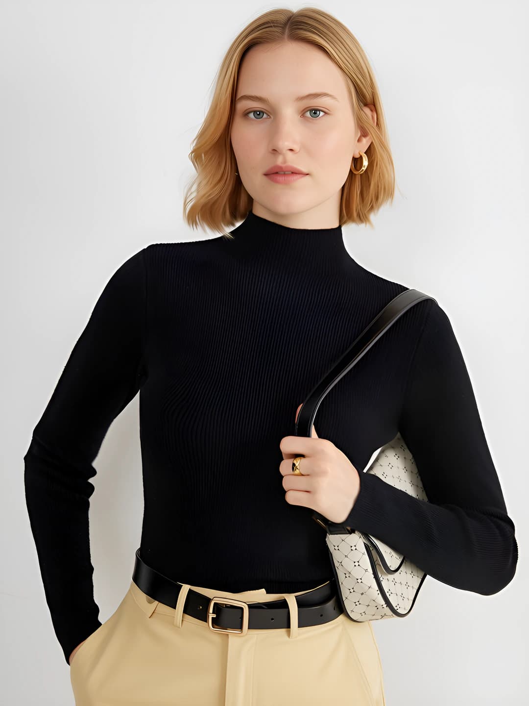 Women's 2026 autumn-winter mock neck knit sweater, slim fit, long sleeve, solid colour