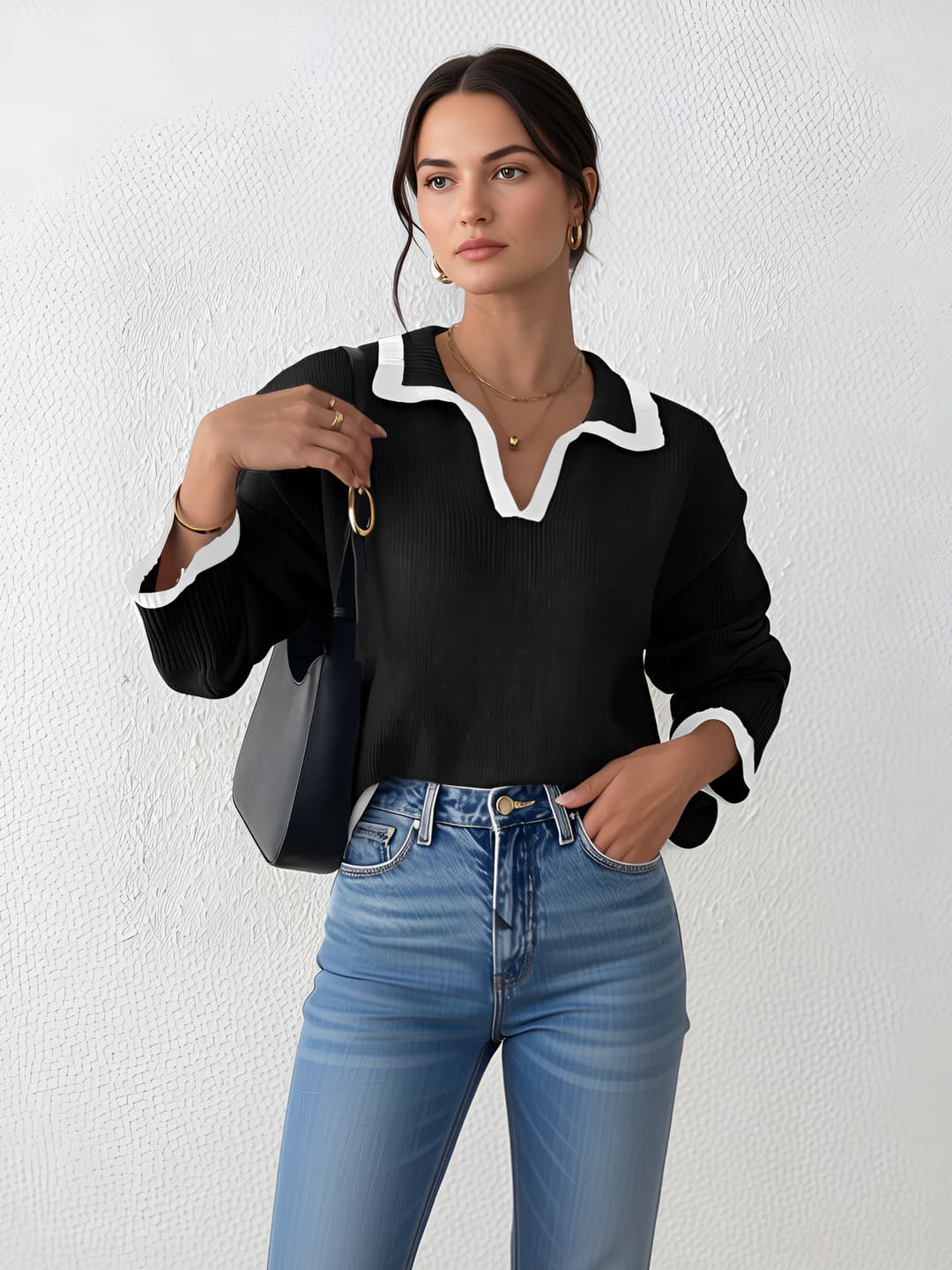 Women's casual straight cut pullover sweater with lapel collar and long sleeve