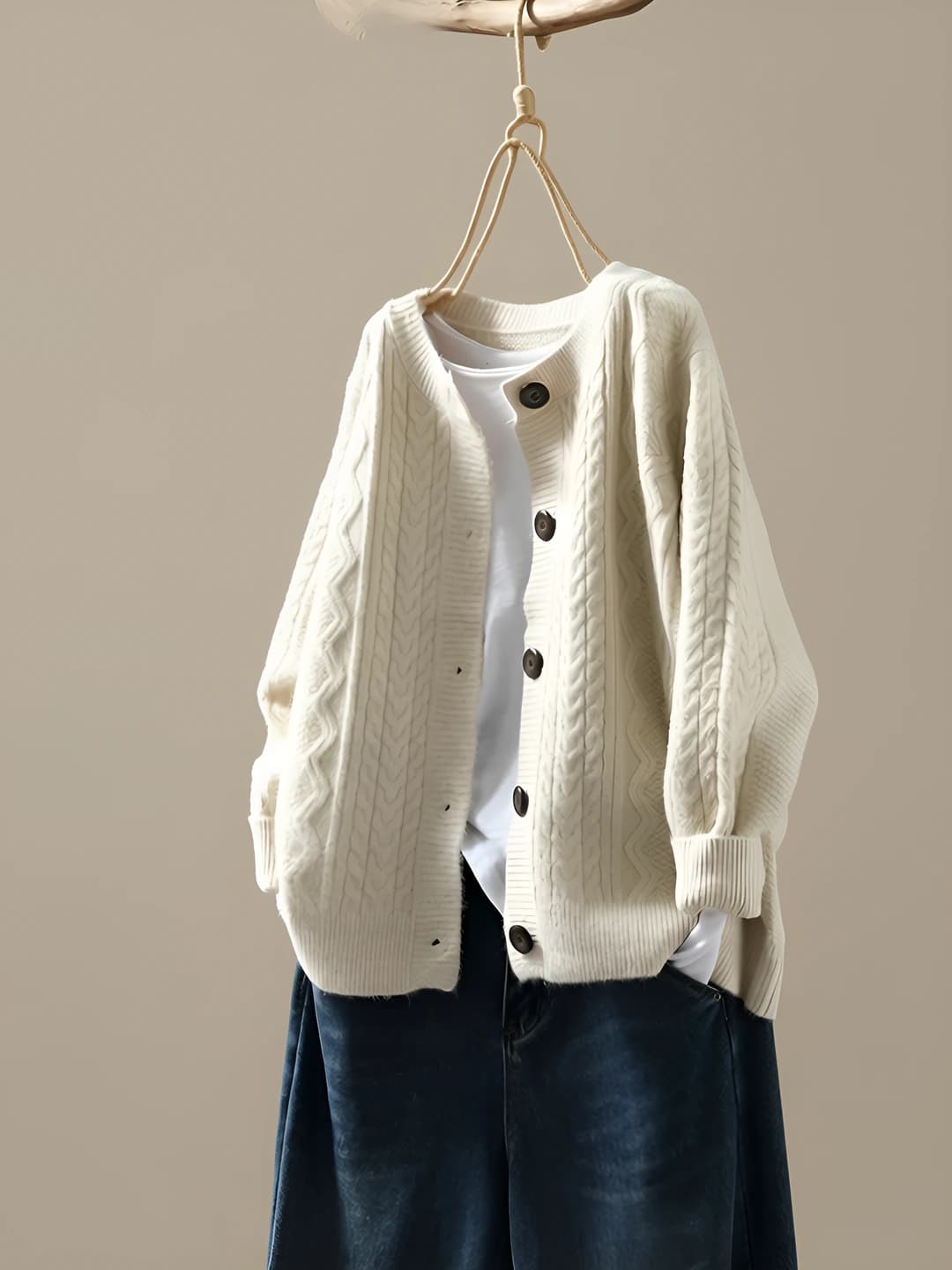 Women's knit cardigan 2026 spring-autumn, loose fit, crew neck, long sleeve, cable knit, button closure