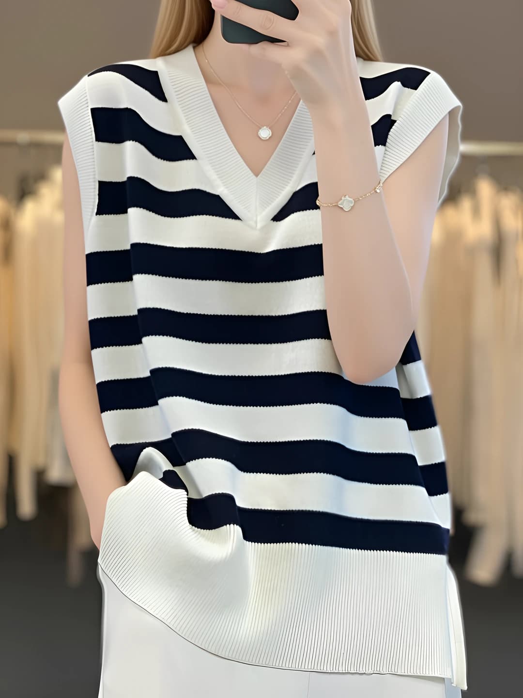 Women's spring-summer V-neck wool vest, loose fit, striped, sleeveless