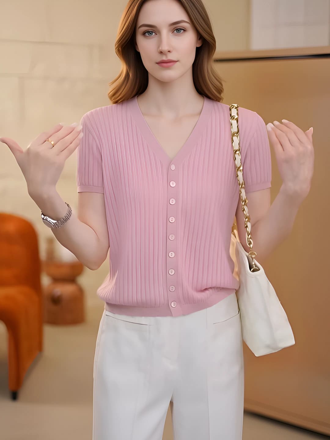 Ayollar uchun bahor-yozgi V-yoqali, kalta yengli, bir rangli, bo'sh (oversize) kardigan