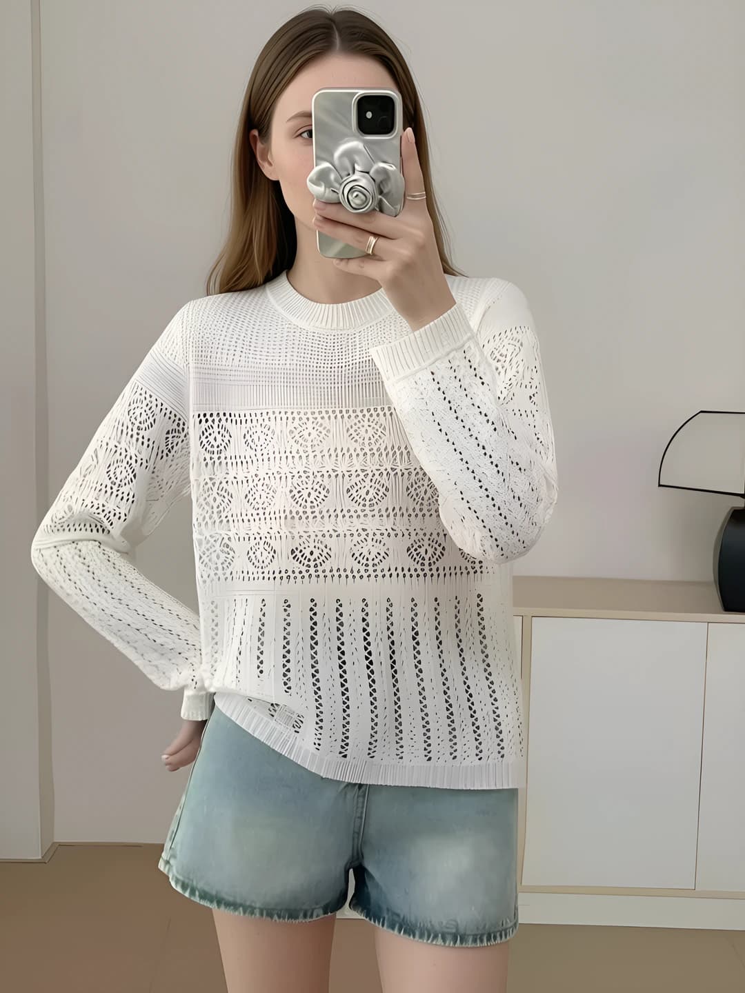 Women's thin knit top, long sleeve, crew neck, loose fit, breathable, solid colour, for early autumn