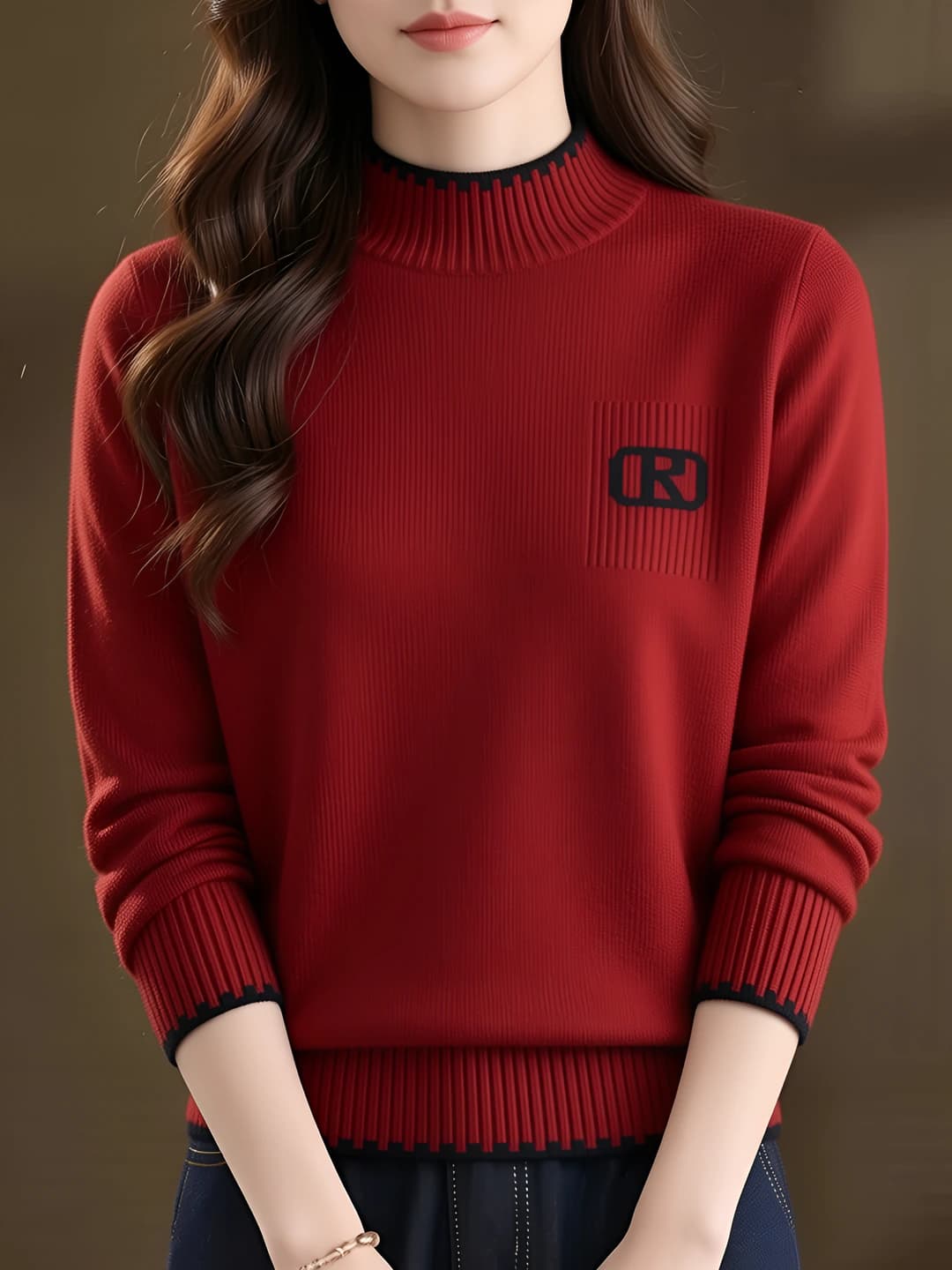Women's solid colour mock neck loose fit long sleeve knit pullover sweater for autumn-winter