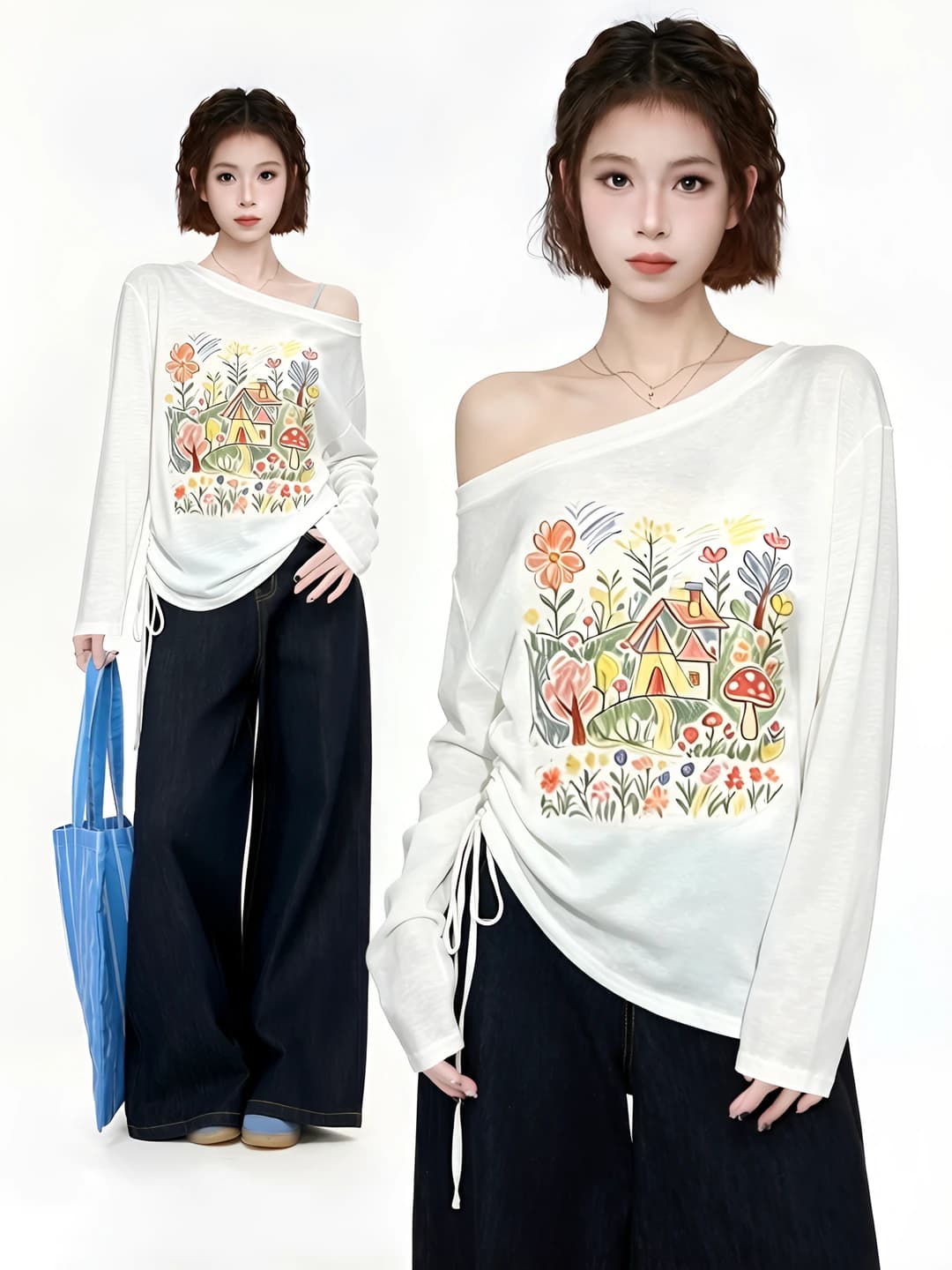 Women's off-shoulder long-sleeve top, thin, printed, sun-protective, loose fit