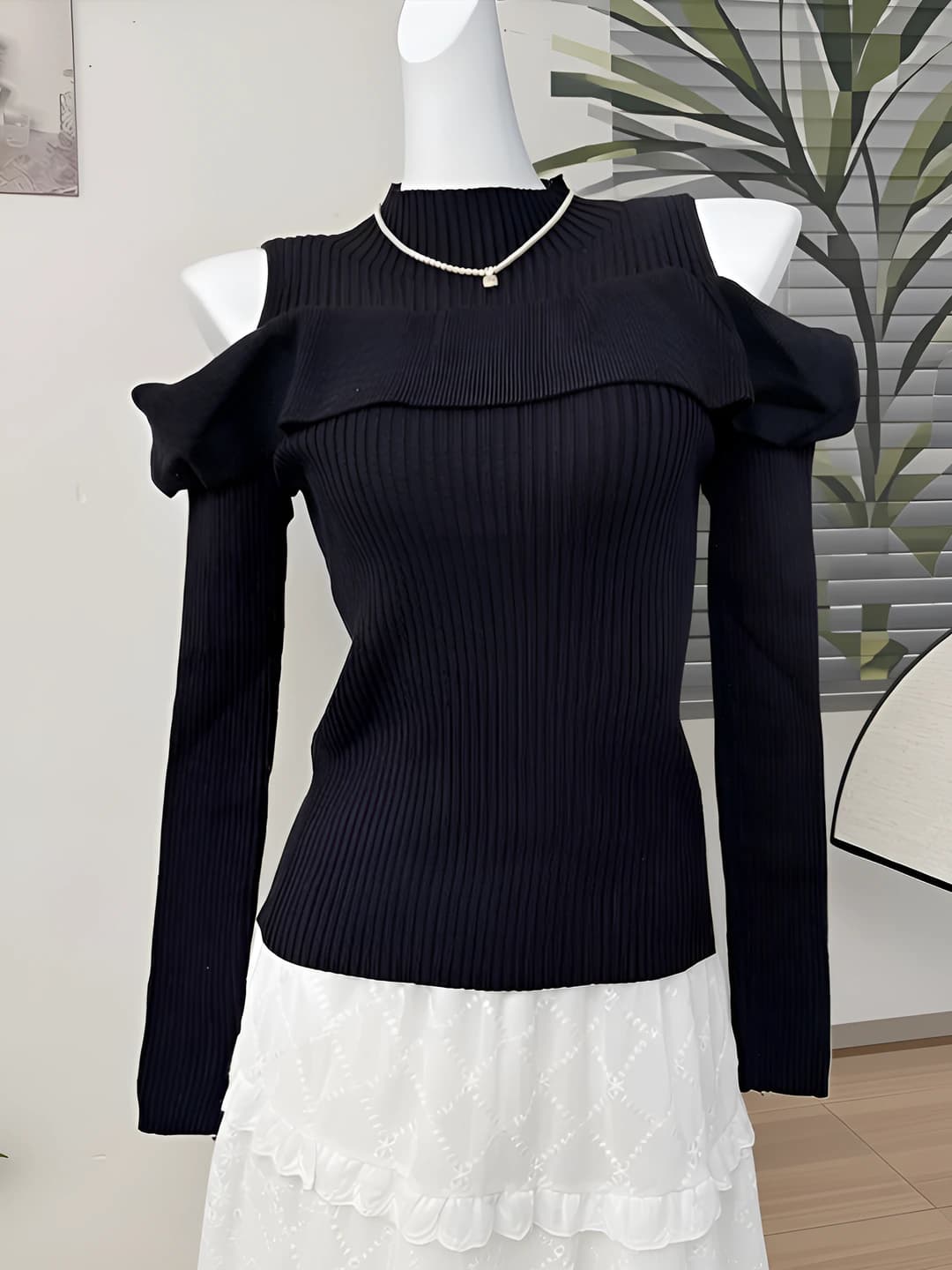 Women's knit top, spring 2026, long sleeve, slim fit, slimming, long, covered sleeve, halter neck, thick, viscose