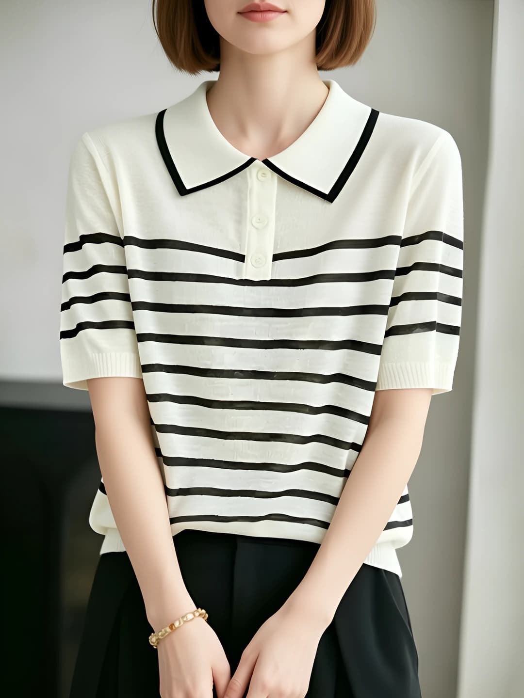 Women's summer striped polo shirt with lapel collar, ice-silk fabric, short sleeve, loose fit