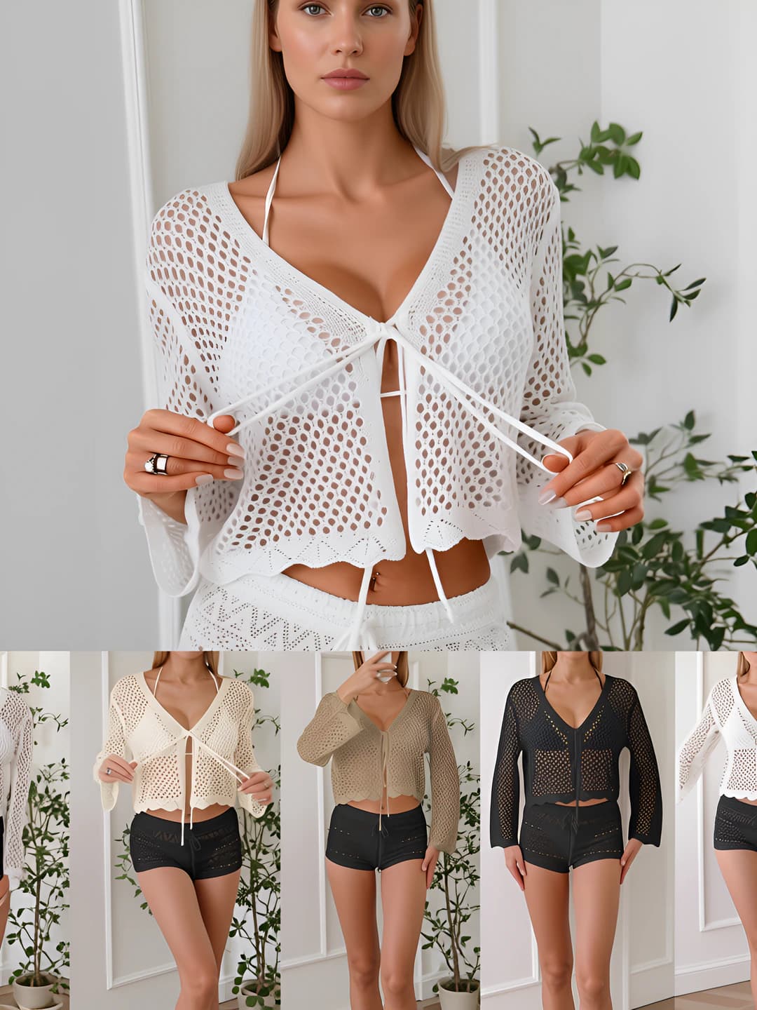 Women's long sleeve sun-protective solid colour V-neck bracelet-length sleeve cropped casual tie-front cardigan