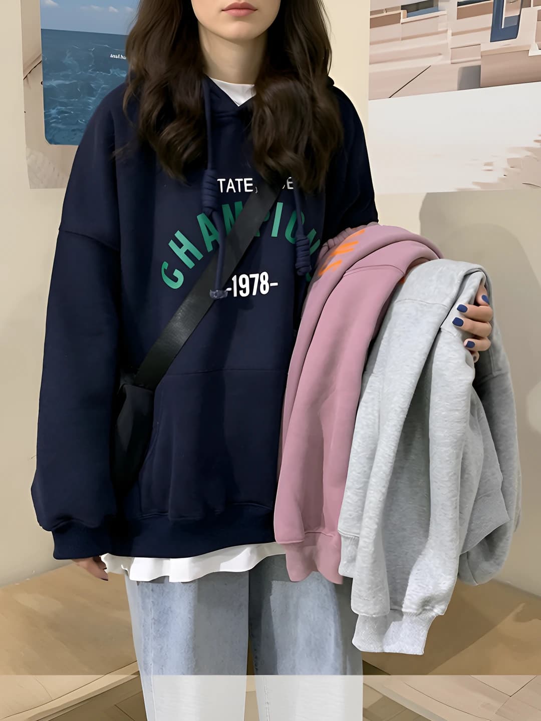 Women's Korean style printed, fleece-lined, loose fit hoodie, long sleeve, straight cut, V-neck, autumn