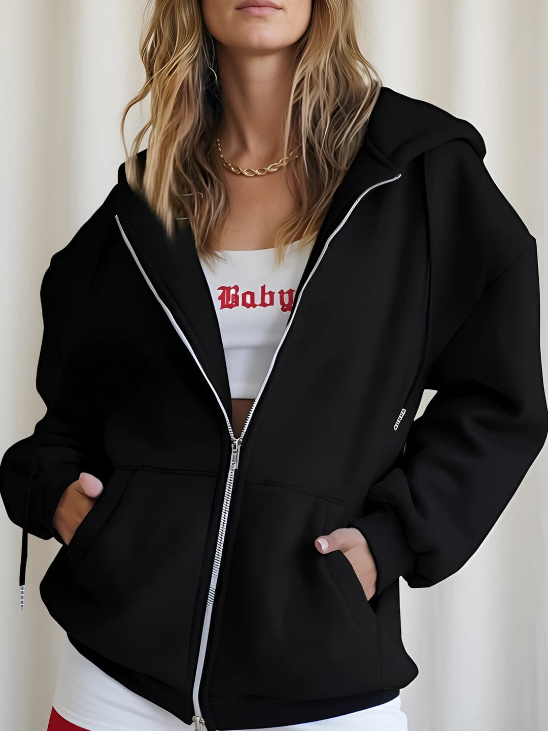 Ayollar uchun kuzgi fermuarli xudi, bo'sh (oversize) kesim, uzun yeng, qaytarma yoqa, qalin polyester mato, sport uslubidagi kundalik kiyim