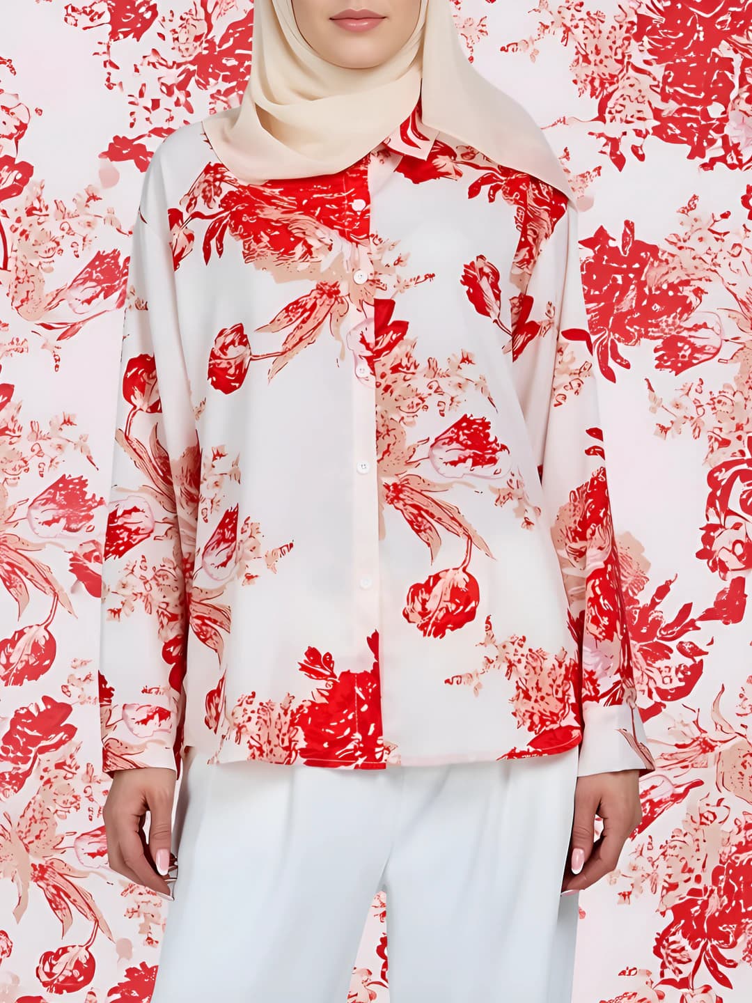 Women's long-sleeve satin blouse with retro floral print, 2026