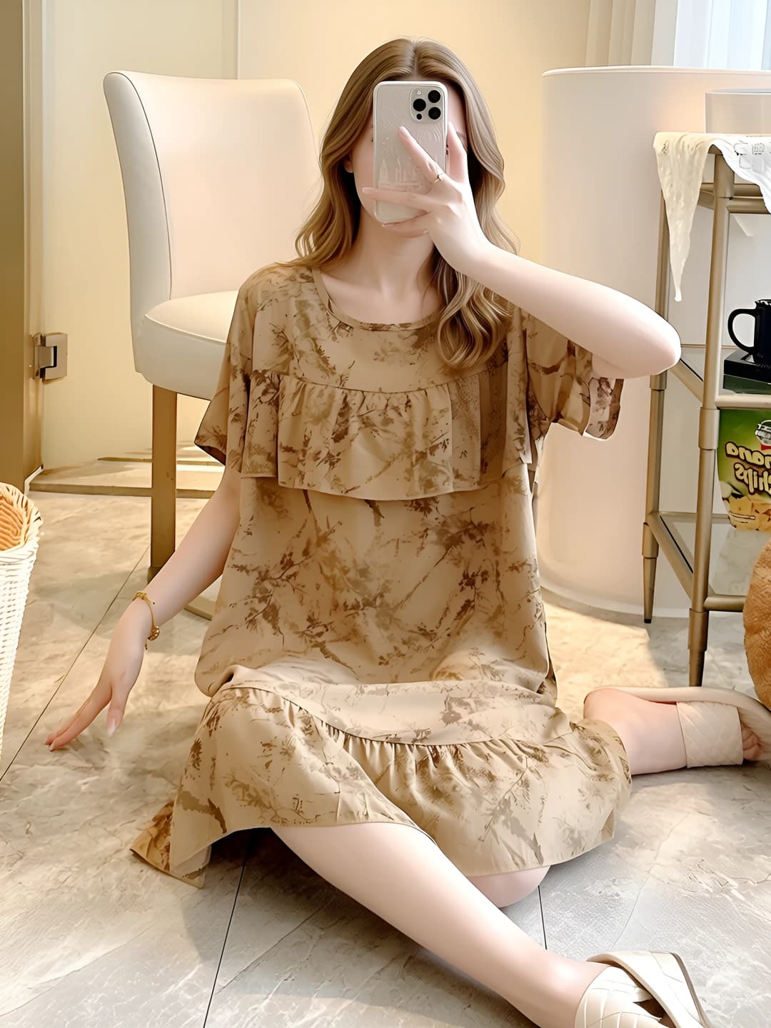 Women's summer home dress: thin fabric, short sleeve, crew neck, loose fit and plus size