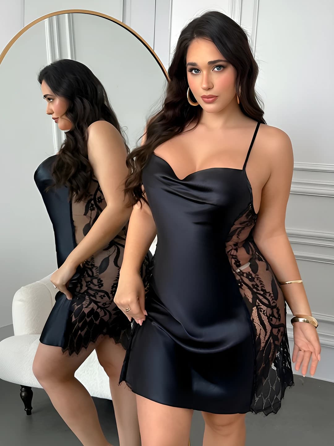 Women's lace mini skirt nightgown, ice-silk fabric, sleeveless, breathable, for summer, spring and autumn