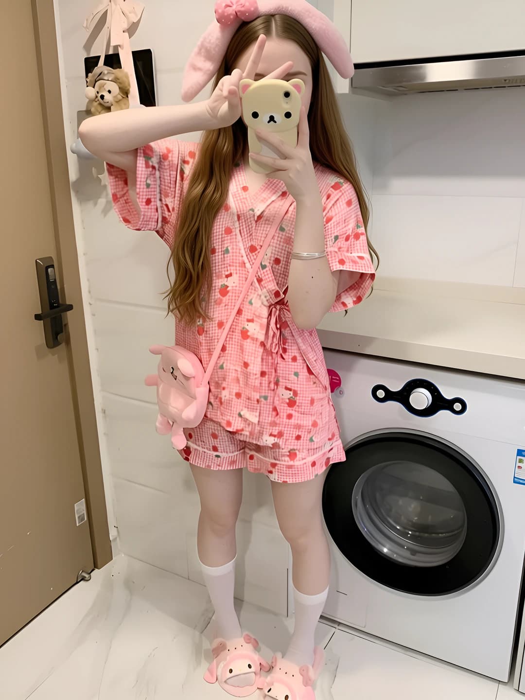 Women's summer pajama set (elbow-length sleeve top and shorts), checked, loungewear