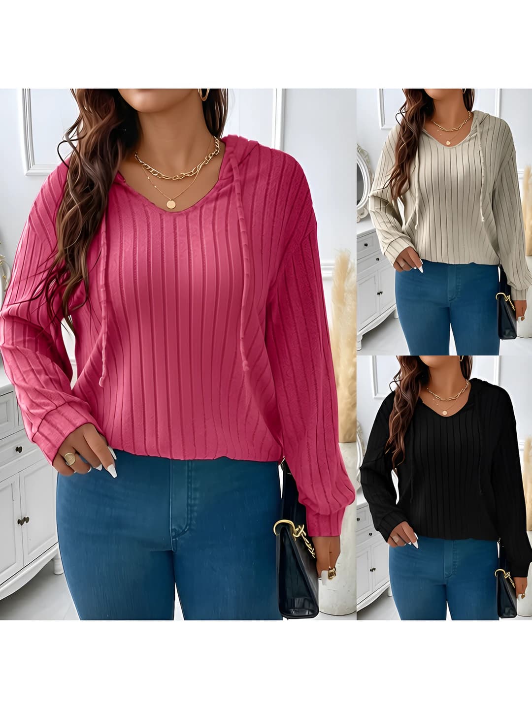 Ayollar uchun kuz-qish bir rangli katta o'lchamli V-yoqali kapuchonli uzun yengli ribbed to'qima top, bo'sh (oversize) kesim