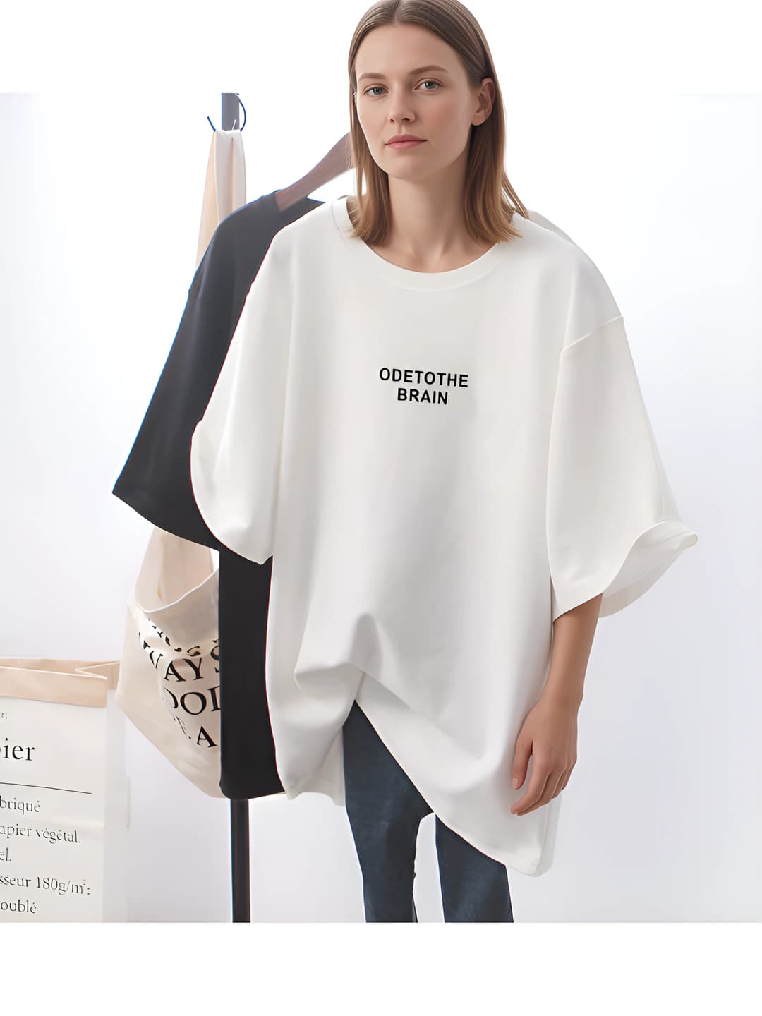Women's white t-shirt, Korean style, loose fit, plus size, crew neck, short sleeve, mid-length, printed, summer, casual style