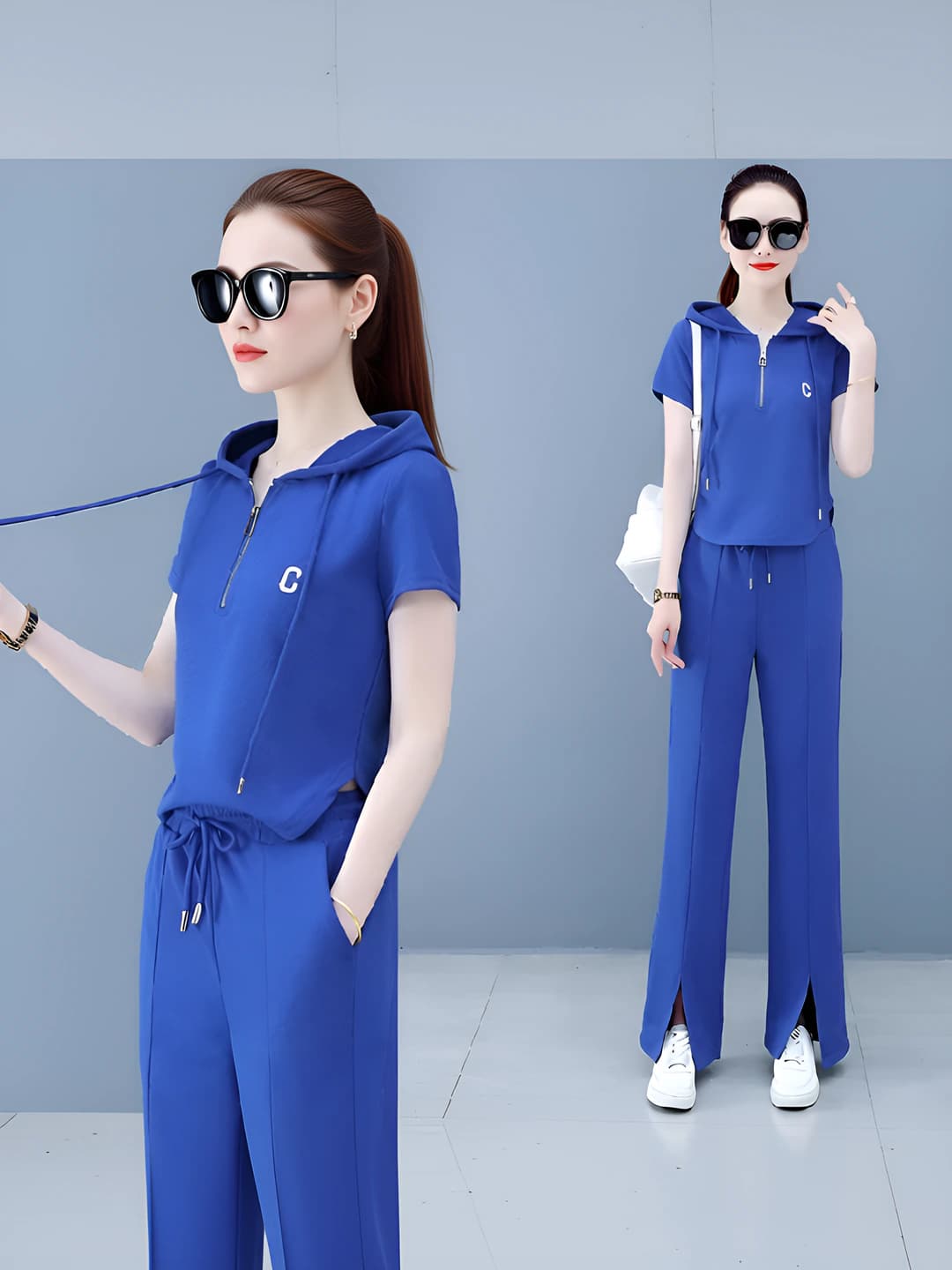 Women's summer casual tracksuit set (hooded top + trousers) with short sleeves