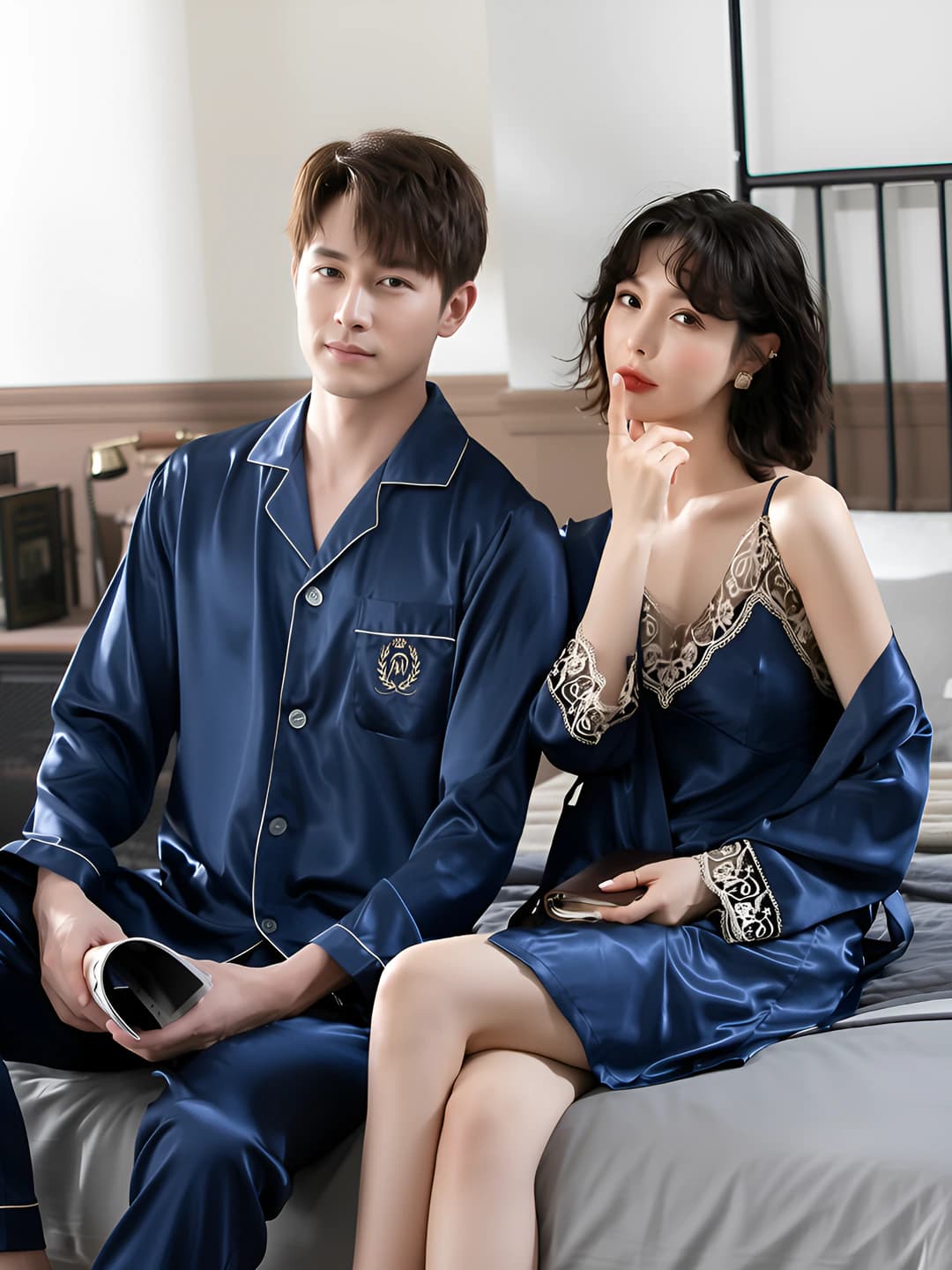 Women's couples' silk home set, long sleeve, thin, ice-silk fabric, all-season