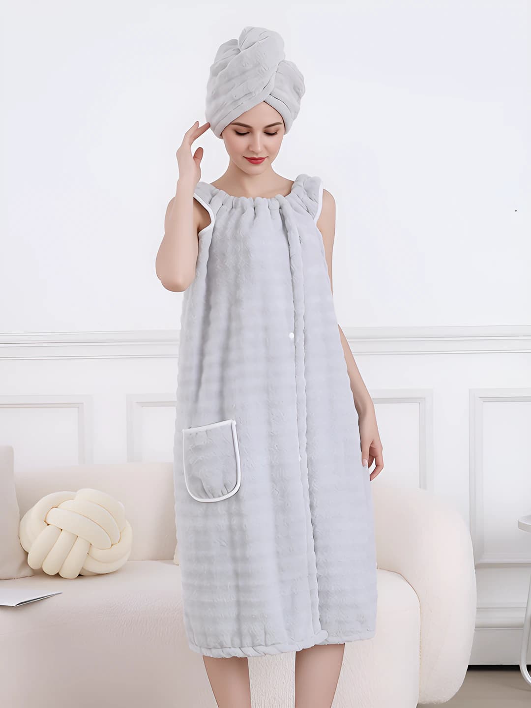 Light grey - Sleeveless dress + Hair drying cap