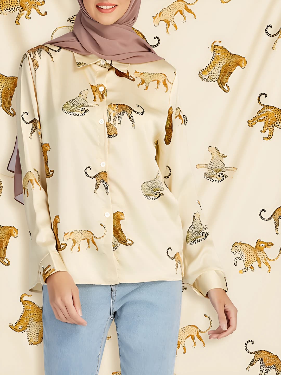 Women's casual loose fit printed long sleeve collared shirt