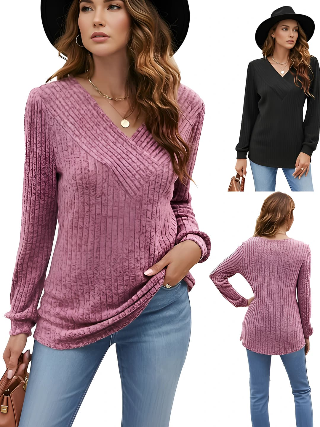 Women's ribbed knit V-neck pullover sweatshirt, autumn-winter 2026, long sleeve, solid colour, plus size, casual