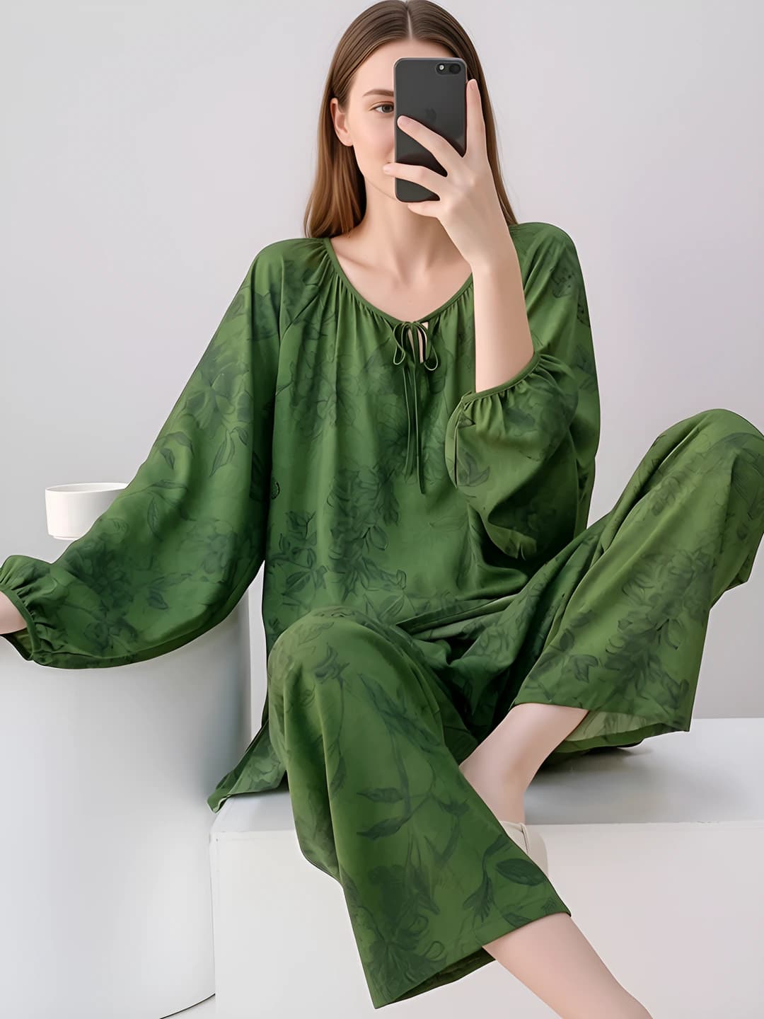 Women's summer pajama set: long sleeve, trousers, loose fit, thin, breathable, crew neck, 100% viscose