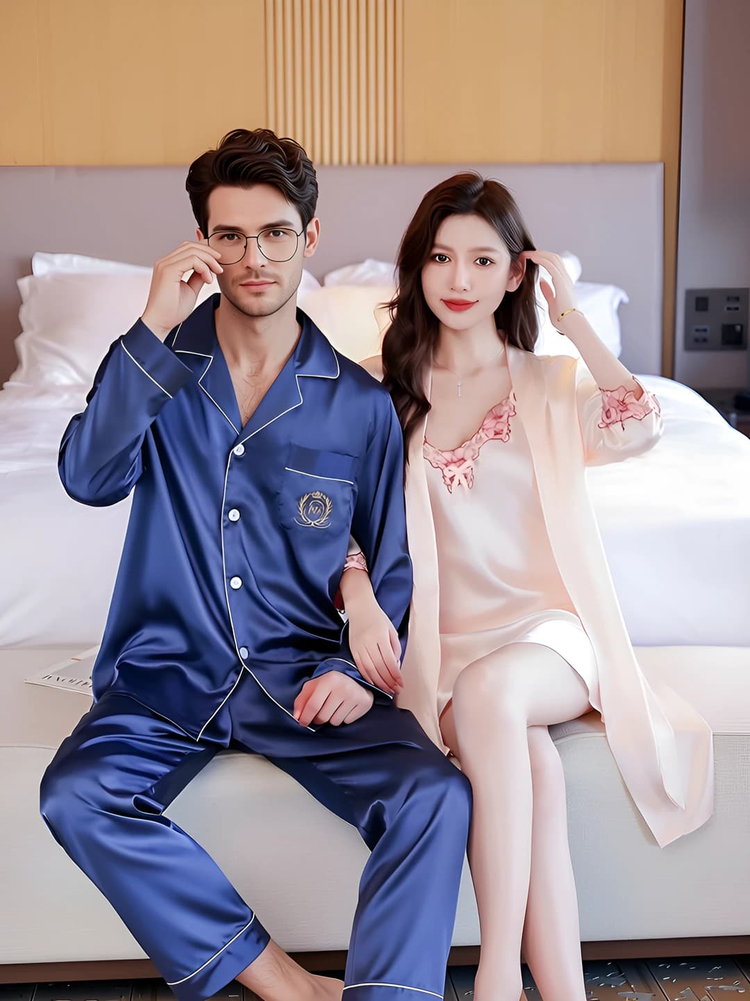 Juftlik uchun ayollar va erkaklar sexy pijama to'plami, muz-ipak mato, V-yoqa, uzun yeng, uzun shim, yupqa, havo o'tkazuvchan