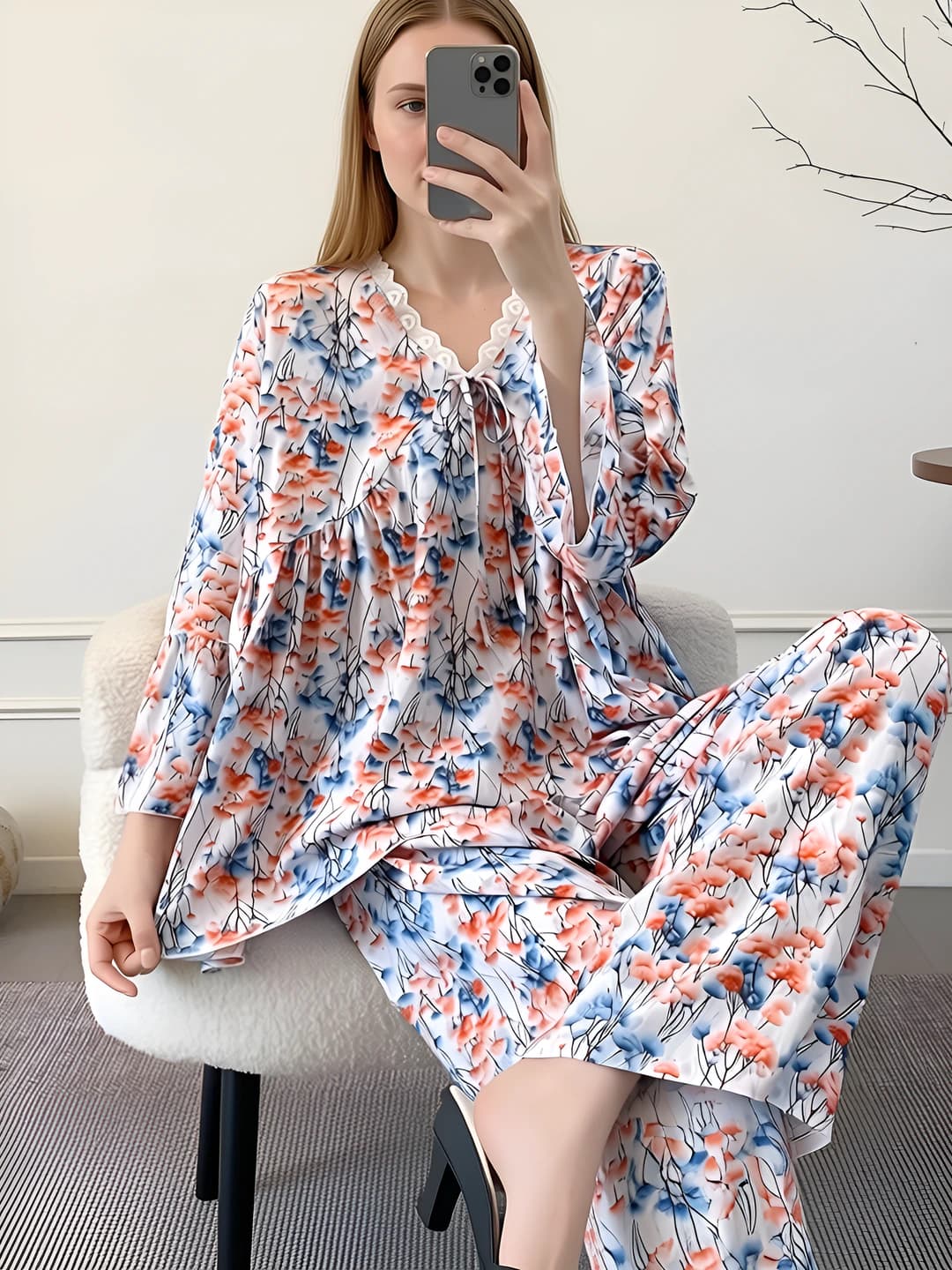 Ayollar uchun bahor-yoz va kuz uchun yupqa, uzun yengli, bo'sh (oversize) to'plam (komplekt), V-yoqali, 100% visko mato, havo o'tkazuvchan, tashqarida kiyish mumkin, milliy uslub, katta o'lcham