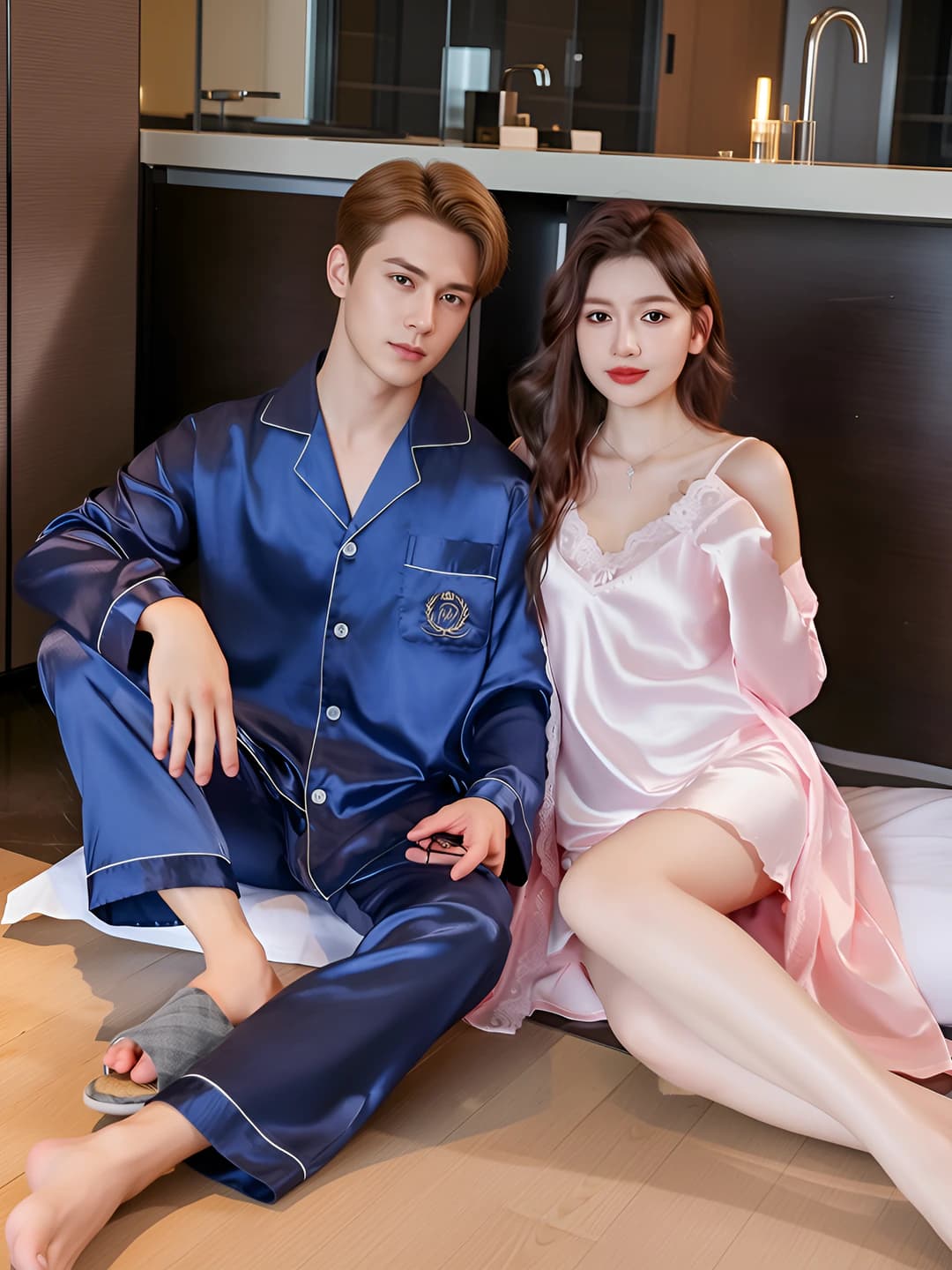 Women's couple's pajama set, ice-silk fabric, V-neck, long sleeve, trousers, thin, casual, breathable, spring-autumn