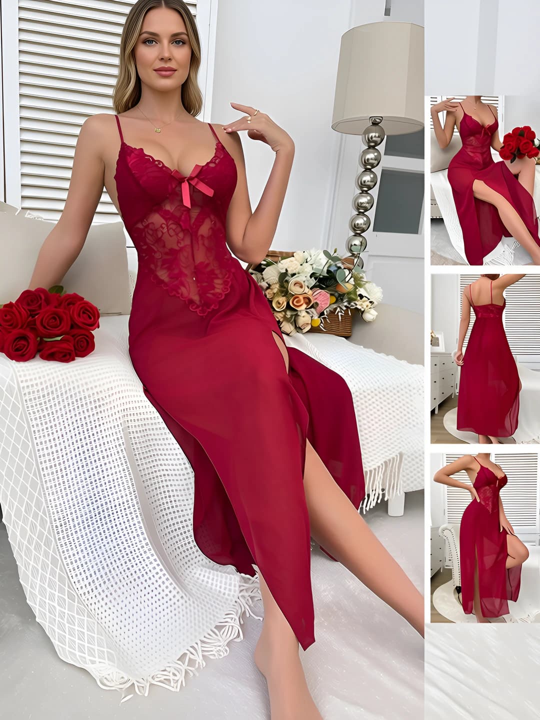 Women's lace and chiffon nightgown, deep V-neck, side slit, sleeveless, long, for summer, spring and autumn