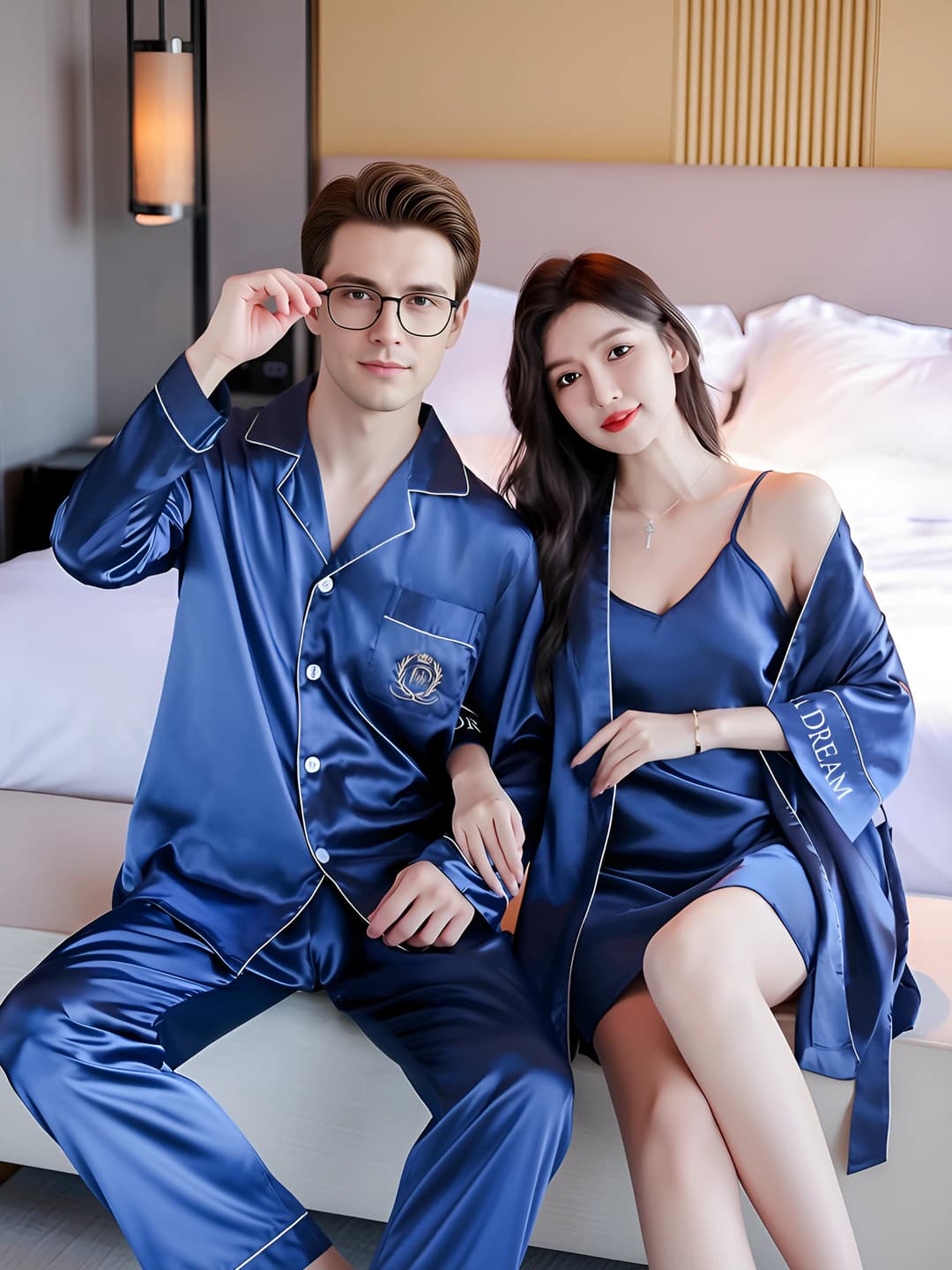 Women's couple's silk pajama set, solid colour, ice-silk fabric, thin, long sleeve, V-neck, trousers, spring-autumn