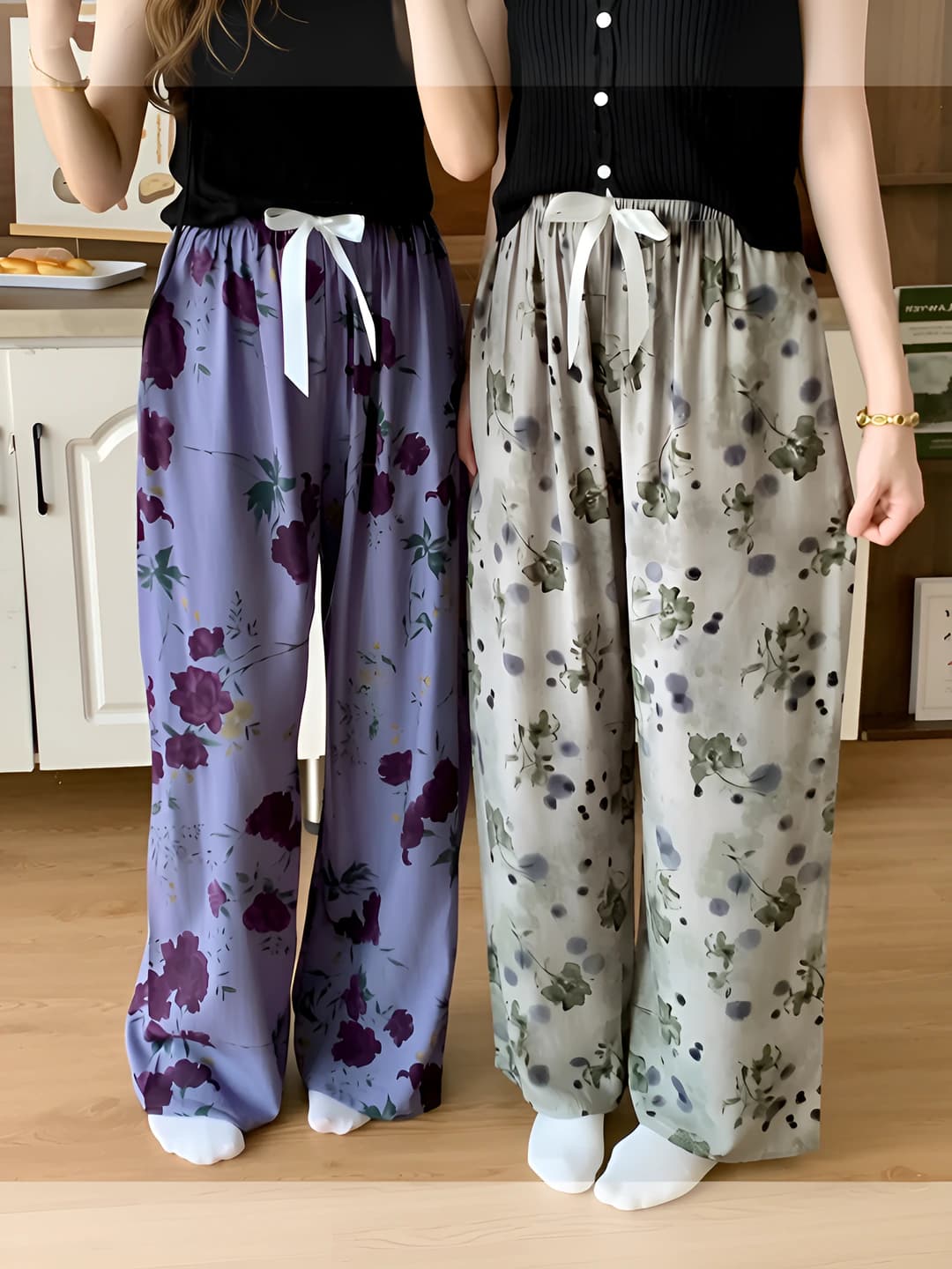Women's summer tie-dye wide-leg pajama trousers, thin, high waist, 100% viscose, sun-protective, casual and home wear