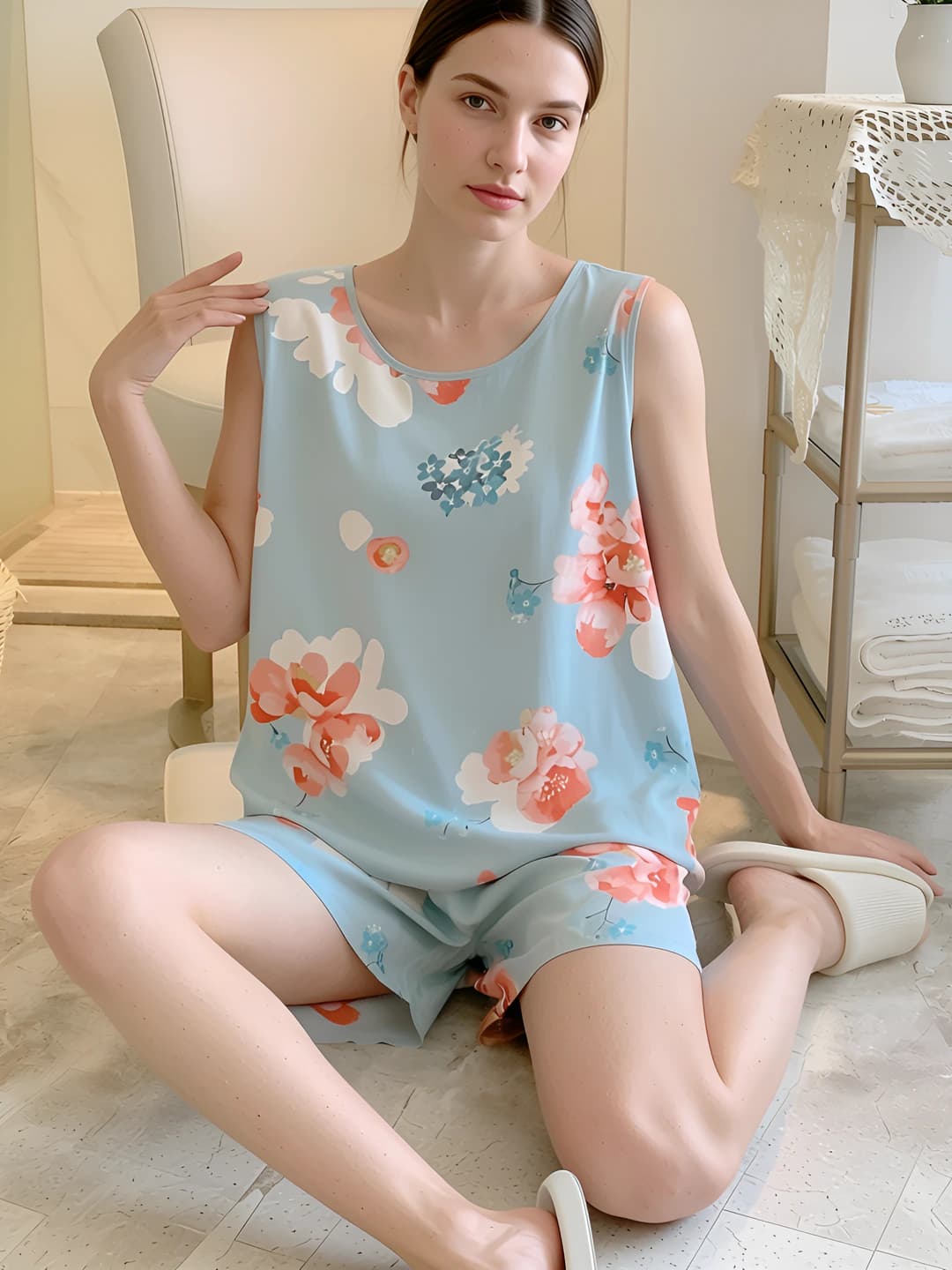 Ayollar uchun yozgi pijama to'plami: yengsiz mayka va shorti, yupqa, dumaloq yoqa, katta o'lcham, 100% viskoza