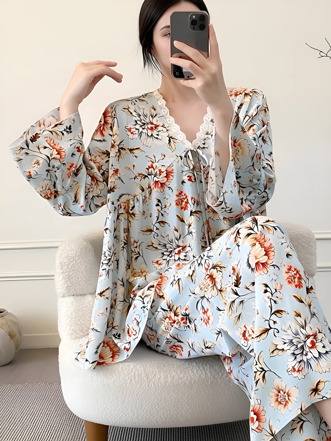Women's viscose pajama set with long sleeves, V-neck, lace, thin, breathable, stretch, suitable for spring, summer and autumn, can be worn as loungewear