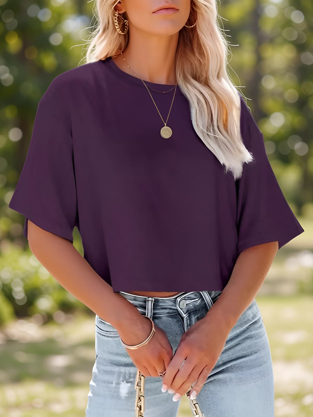 Women's 2026 summer short sleeve t-shirt, crew neck, solid colour, loose fit, cropped (40-50 cm)