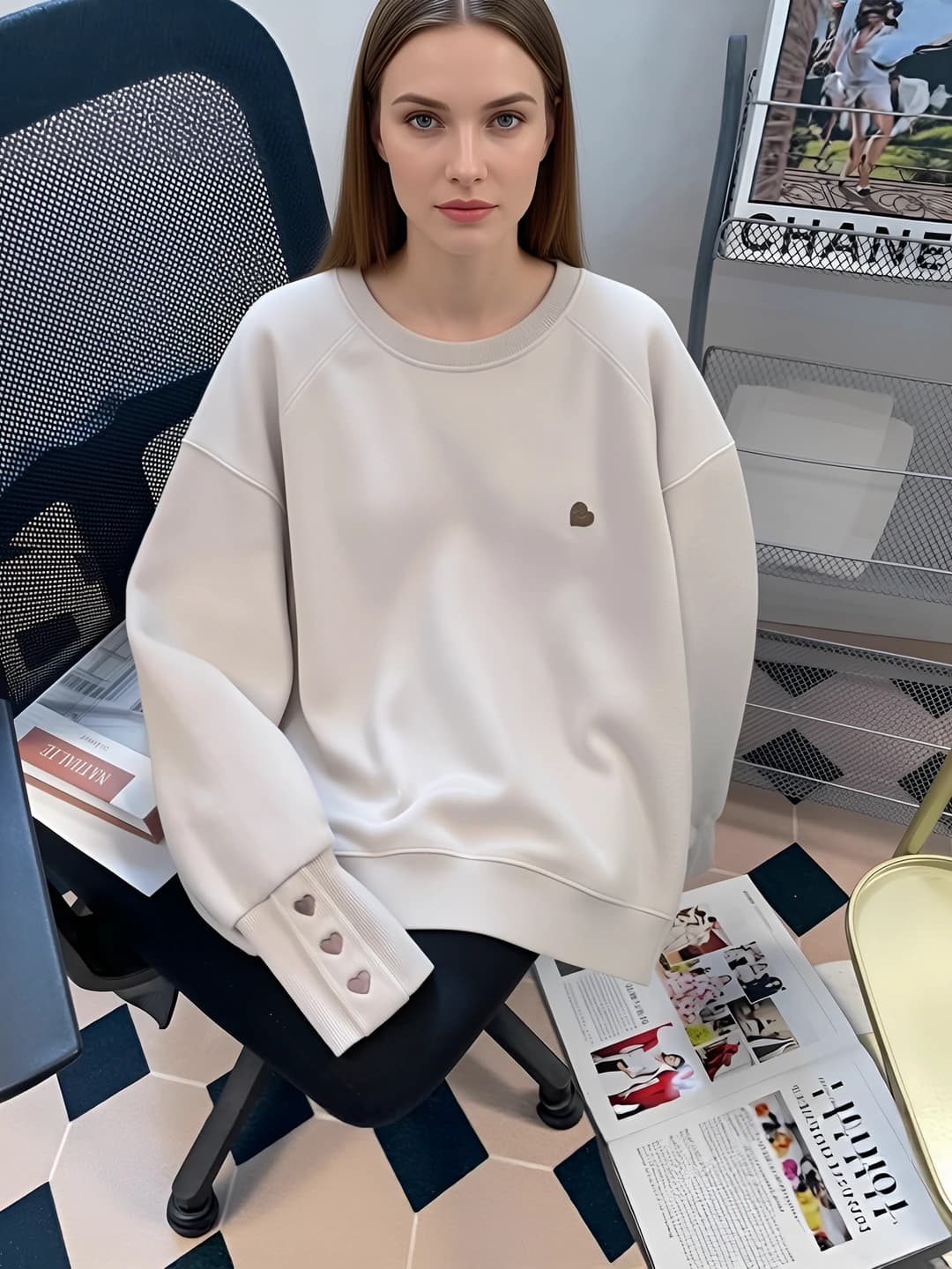 Women's crew neck sweatshirt, loose fit, slimming, embroidered, autumn-winter