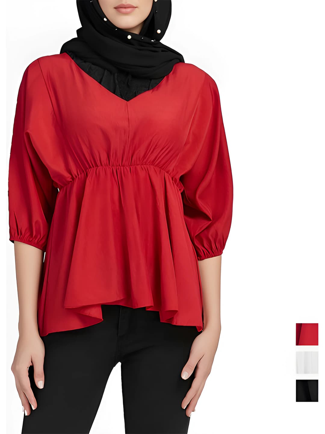 Ayollar uchun V-yoqali, bo'sh (oversize) kesimli, uzun yengli, yupqa, bir rangli, koreys uslubidagi bluzka