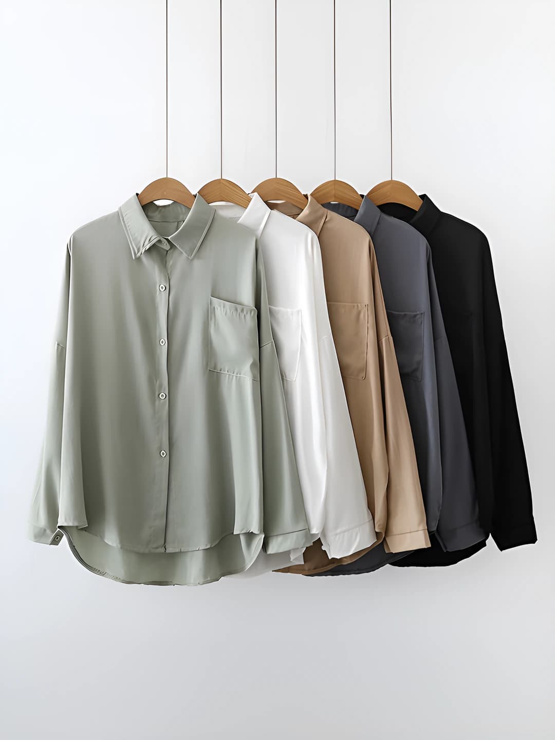 Women's summer solid colour polyester blouse, long sleeve, lapel collar, straight cut, button-up cardigan style
