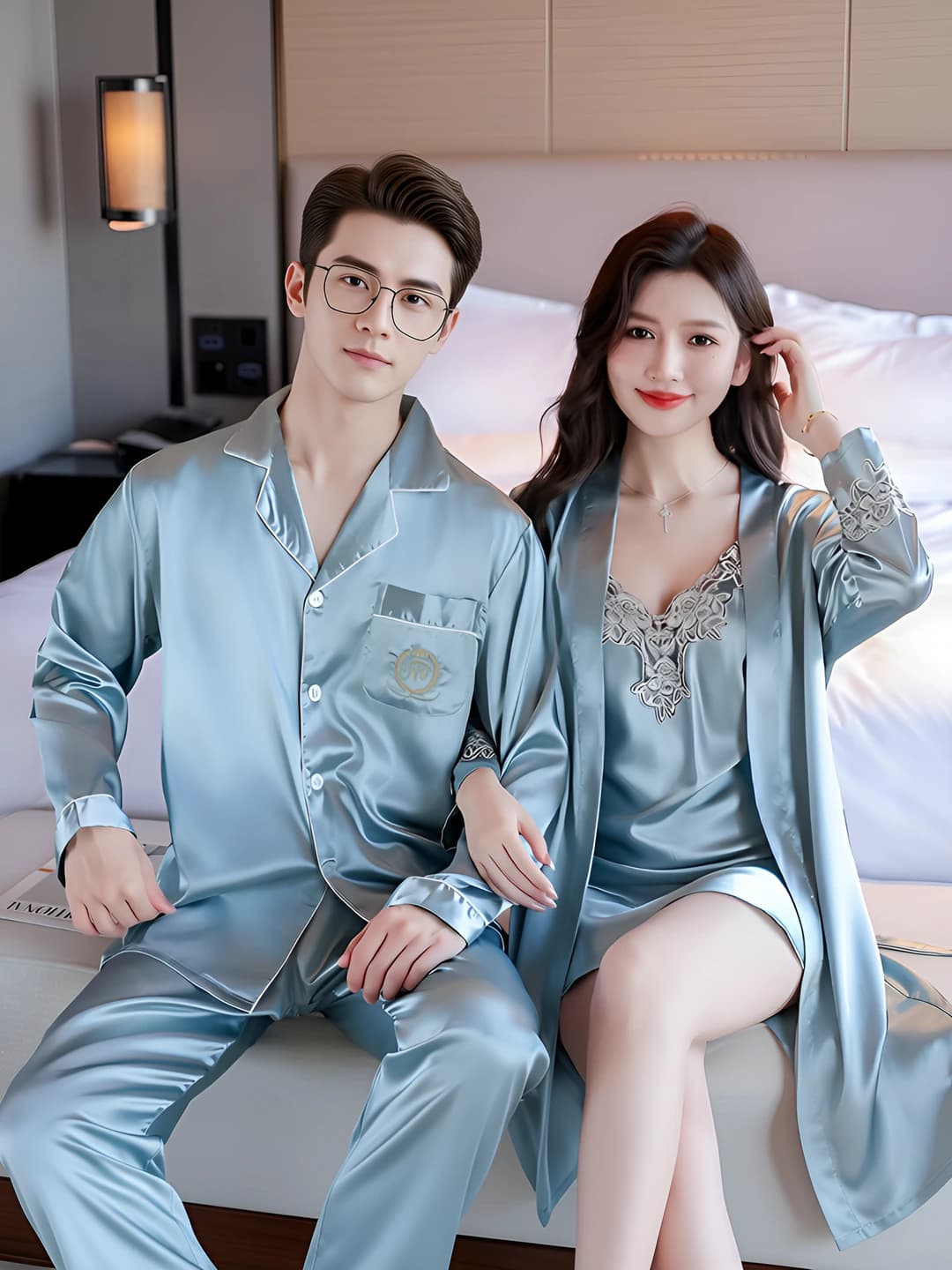 Women's summer pyjamas set: ice-silk fabric, thin, V-neck, long sleeve, trousers, solid colour, 2 pieces