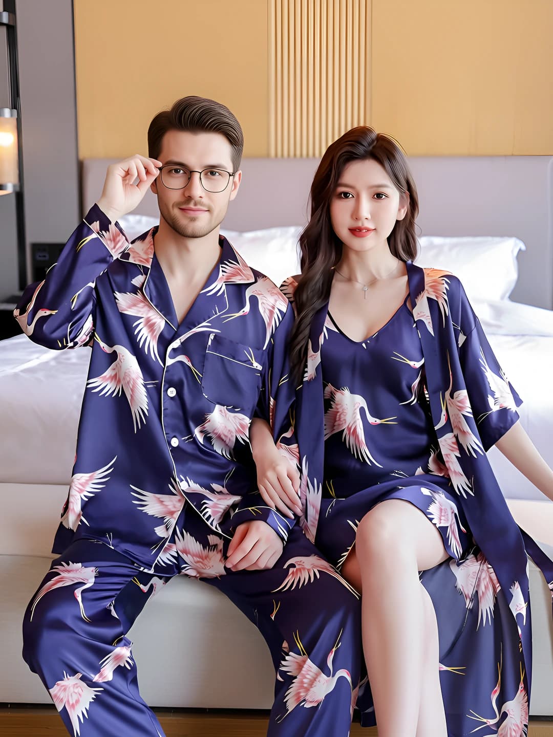 Women's couple's ice-silk fabric pyjamas set, long sleeve, V-neck, thin, plus size, breathable