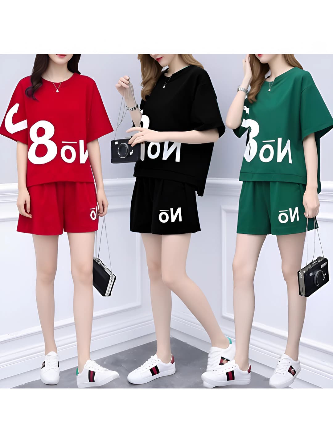 Women's casual two-piece set (loose T-shirt + short shorts), summer, sports, printed
