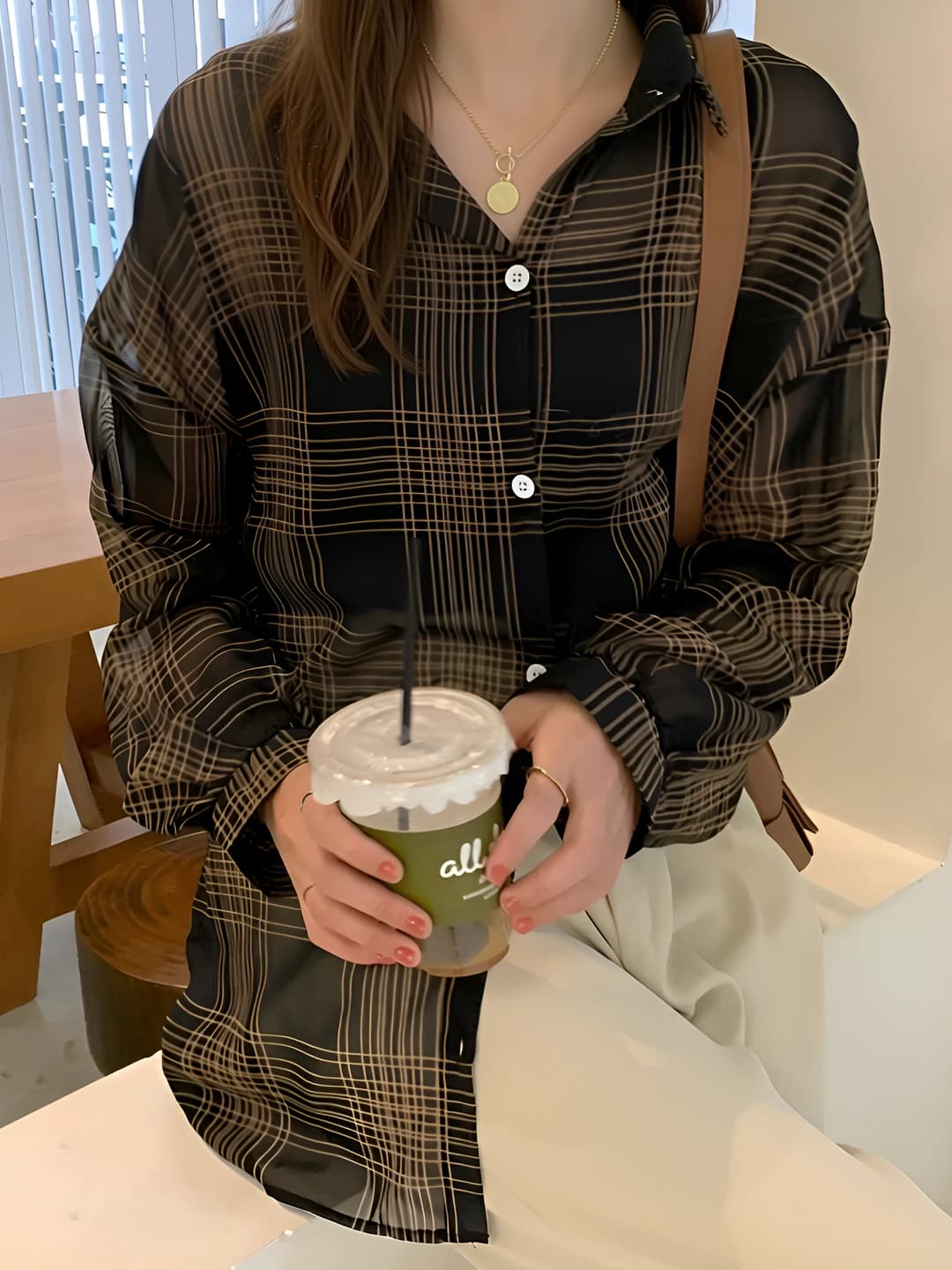 Women's checked shirt, long sleeve, loose fit, retro style