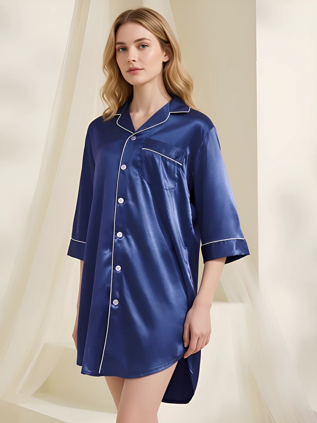 Women's summer plus size stretch satin nightgown with V-neck and three-quarter sleeve, loungewear, can be worn outside
