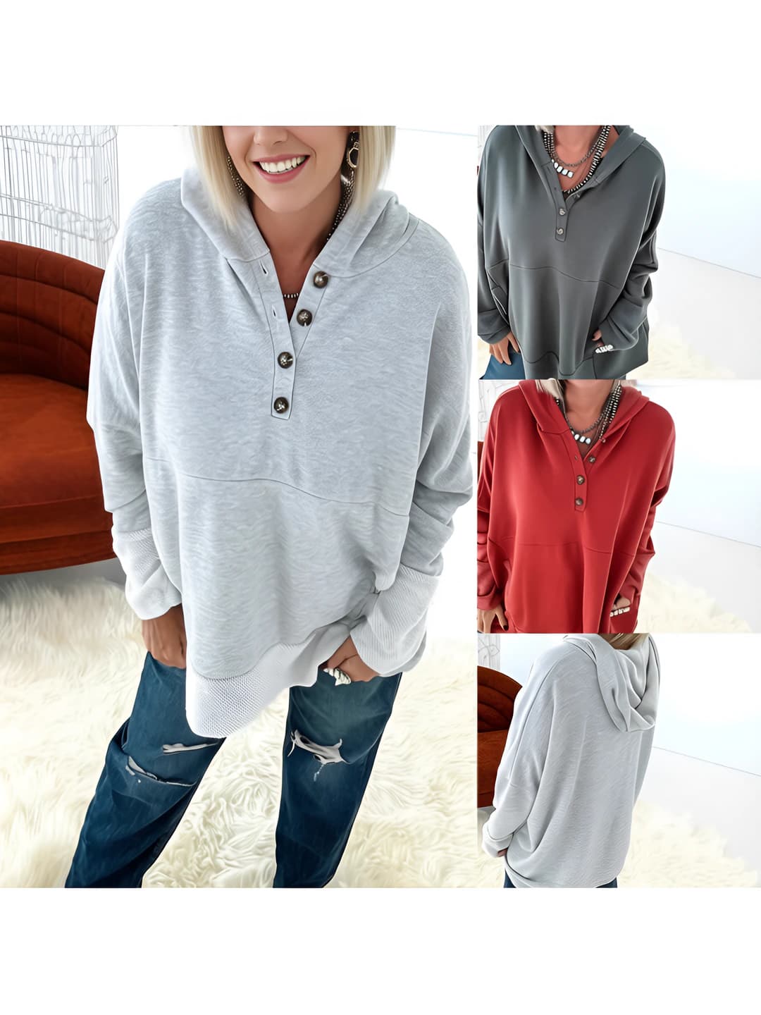 Women's 2026 autumn-winter hoodie, solid colour, loose fit sweatshirt, long sleeve, 90-95% polyester