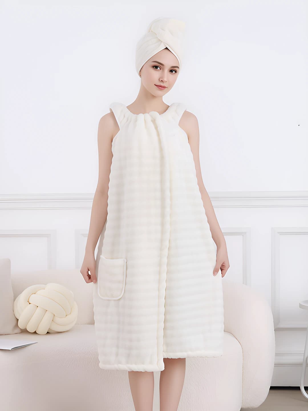 White - sleeveless dress + hair cap