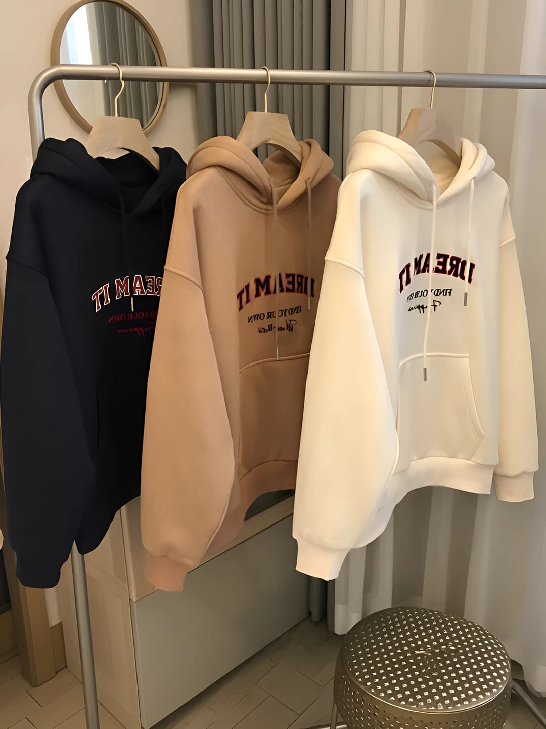 Women's retro fleece-lined pullover hoodie, loose fit, long sleeve, printed, casual style